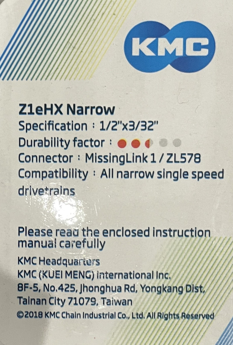 Electric Bike Chain - 01 Speed - KMC Z1eHX - Narrow (Single Speed)